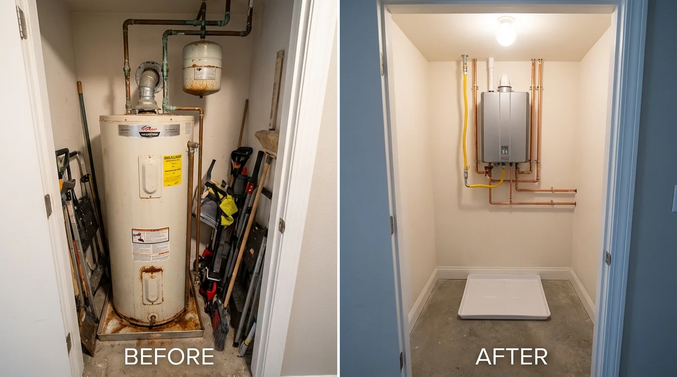 Tank water heater versus wall-mounted tankless unit comparison for Framingham, MA homeowners