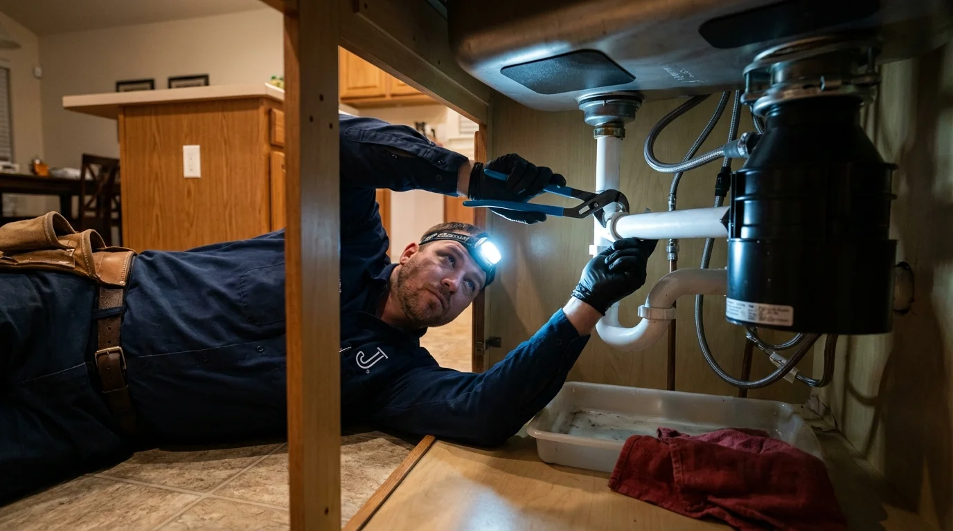 P-trap and supply line connections under a kitchen sink showing a common leak point in Framingham, MA